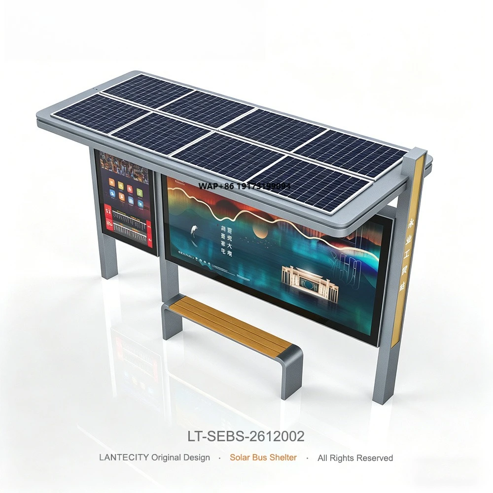 Solar Panel Bus Shelter with Integrated Sign and Lightbox