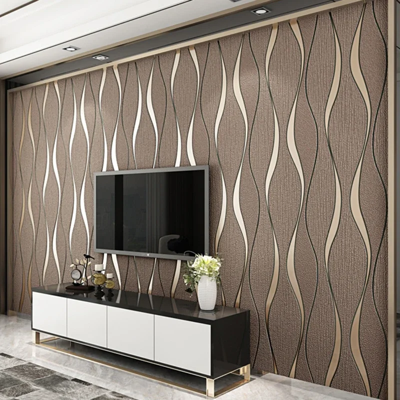 Self Adhesive Wallpaper Modern TV Background Wall Wallpaper Curved Stripe Decor Living Room Renovation Wall Sticker Light Luxury