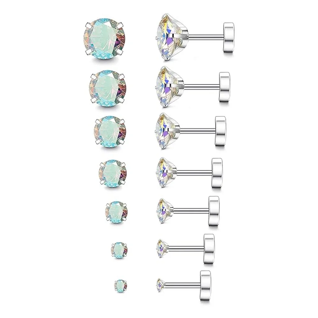Multi-size Four Claw AB Shiny Zircon Screw Ear Studs Hypoallergenic Stainless Steel Cartilage Earring Pack 7 Pairs Stainless