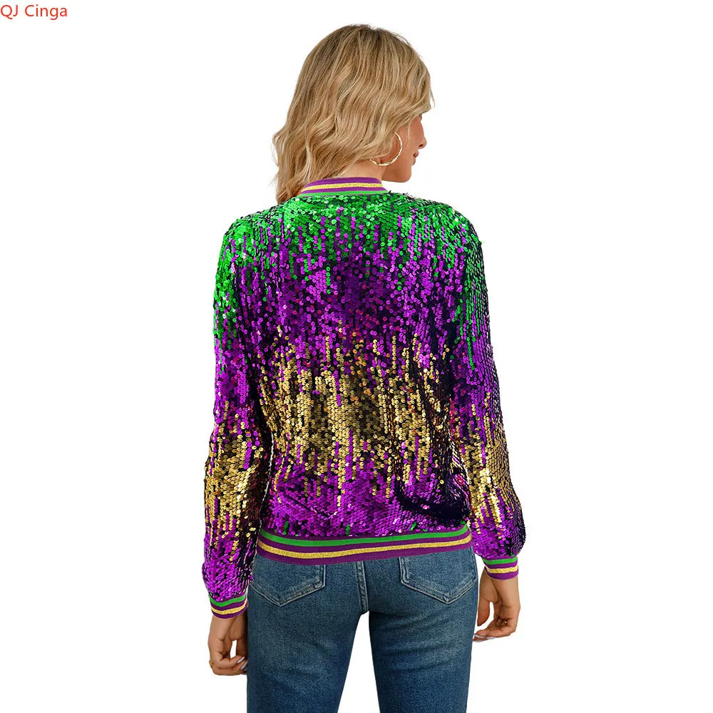 سترة نسائية خريفية جديدة بأكمام طويلة مزينة بالترتر المعدني وياقة بيسبول مع سحاب للإغلاق