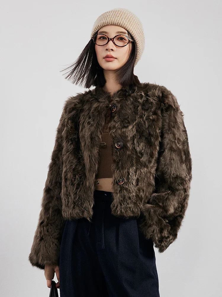 

High-end Luxury Natural Lamb Fur Cropped Winter Jackets for Women 2026 New Simple Stand Collar Loose Real Fur Lambswool Coat