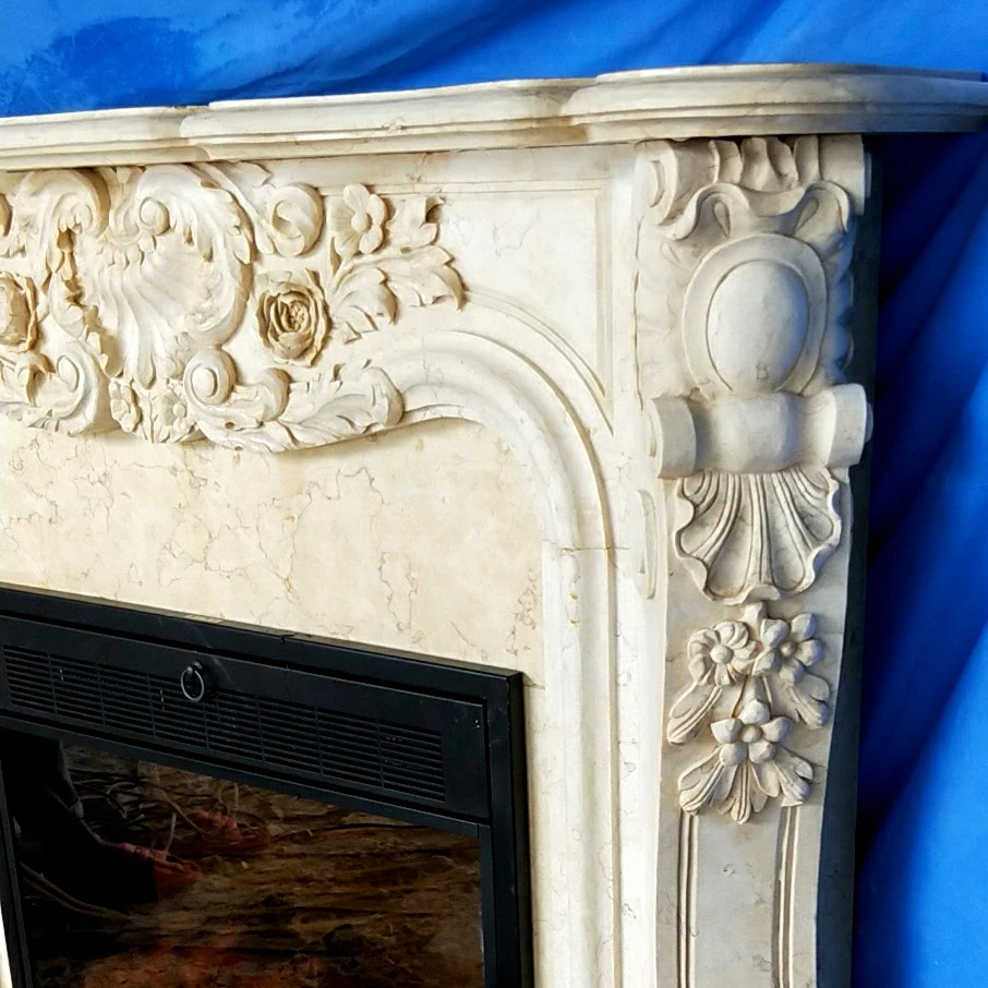 Decorative Fireplace set European style custom made Carved Natural Stone Mantel Electric Fireplace Insert LED Optical Flame