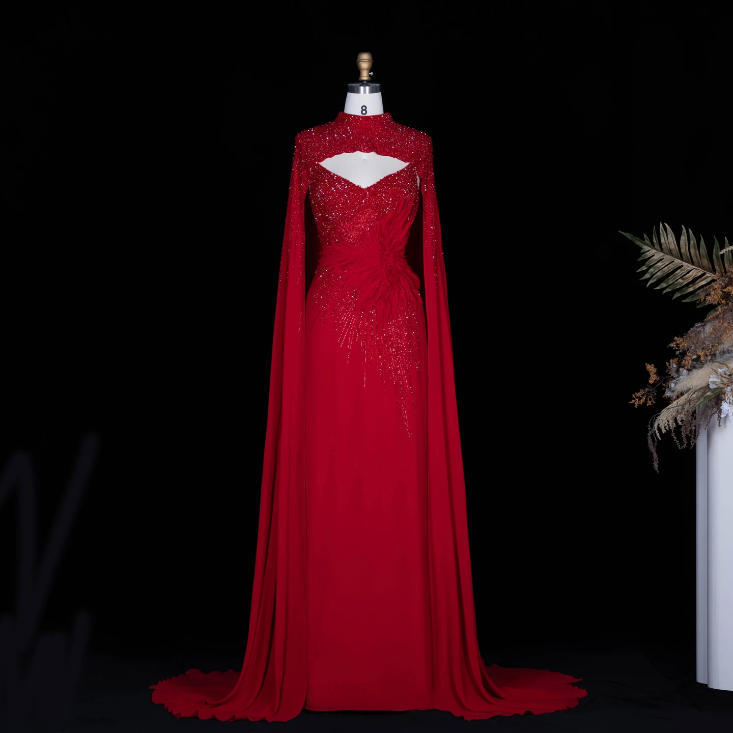 Sharon Said Abendkleider Luxuriöse Meerjungfrauen-Kleider mit V-Ausschnitt, Chiffon, Kristallen, Arabisch, Dubai, formelle Partykleider mit Umhang SS074 Maßanfertigung – Detail 19