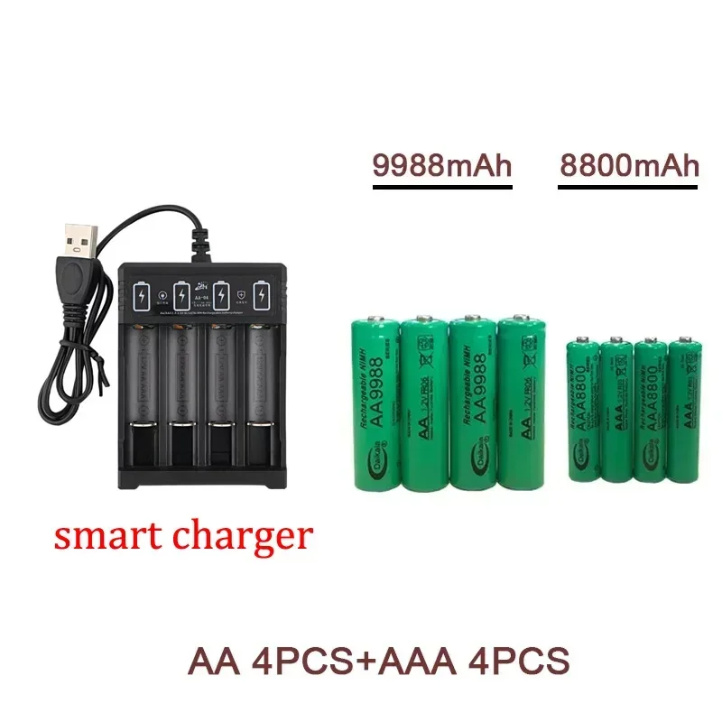 Pilas recargables AA + AAA NI MH de 1,2 V, pilas alcalinas AAA de 9988-8800mah para linternas, juguetes, relojes, reproductores de MP3 y cargadores