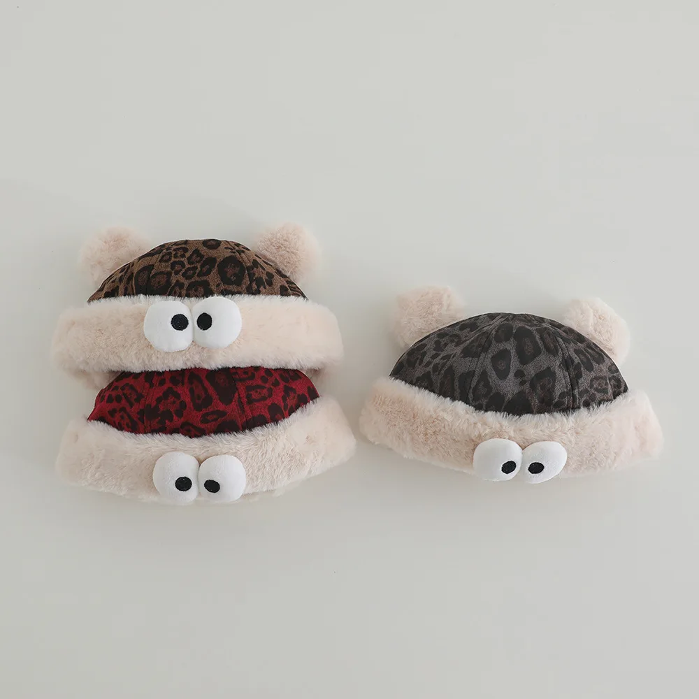 

2025 Winter Cotton Cartoon Ear Thicken Knitted Hat Warm Boys Girls Leopard Print Caps Toddler Autumn Ear Protection Hat