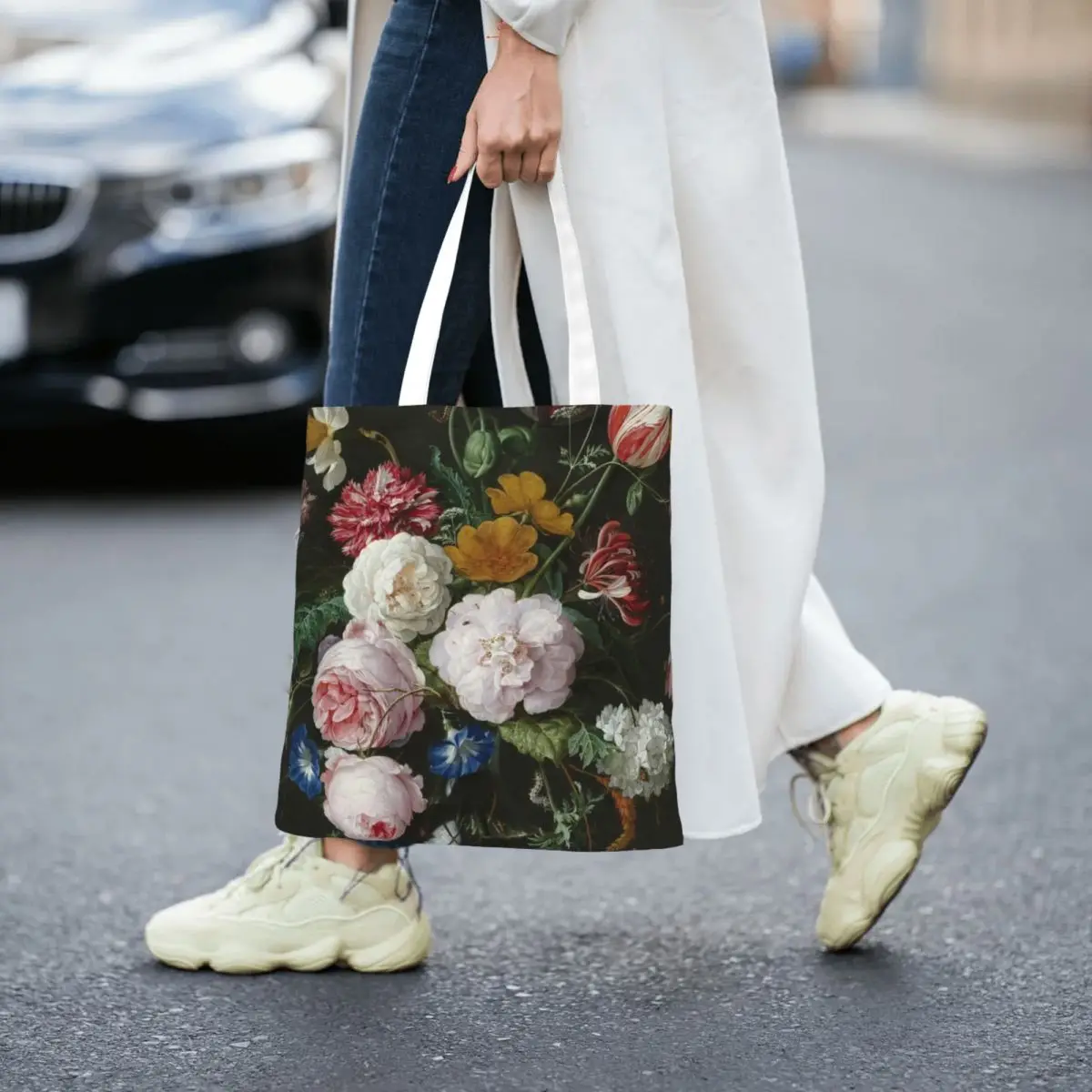 Sacolas impressas rosa para mulheres, bolsa feminina, bolsa de ombro dobrável, vida com flores, bolsa de compras, estudante