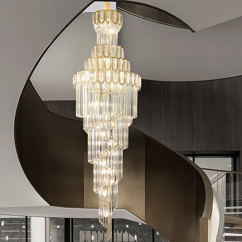 

Modern High Quality Crystal Luxury Stair Ceiling Chandeliers Lights Italian Villa Hall Round Stainless Steel Pendant Lamp