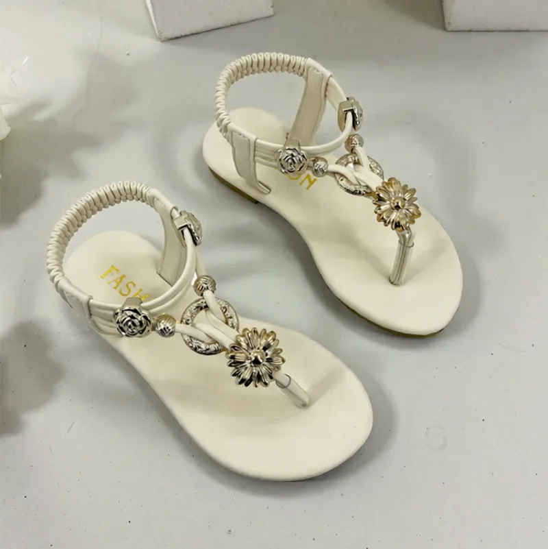 Outdoor Children Clip-toe Sandals New Luxury Rhinestone Girls Summer Floral Flat Shoes Causal Non-slip Kids Boho Beach Sandals