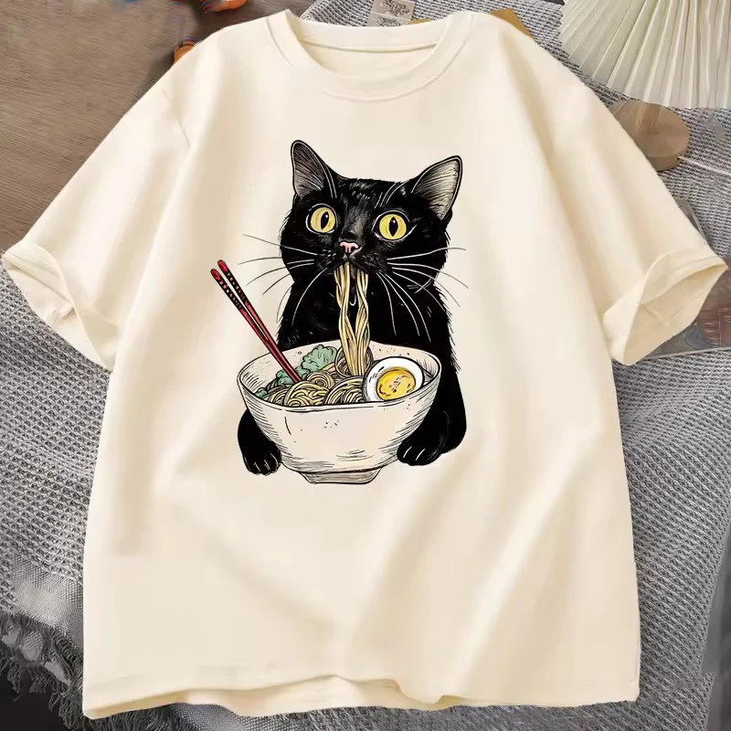 Retro Baumwoll-Nudel-Ramen-Katzen-T-Shirt, Foodie-Liebhaber-T-Shirts, Schwarze Katzen-T-Shirts, Lässiges Kurzarm-T-Shirt für Männer und Frauen – Detail 4
