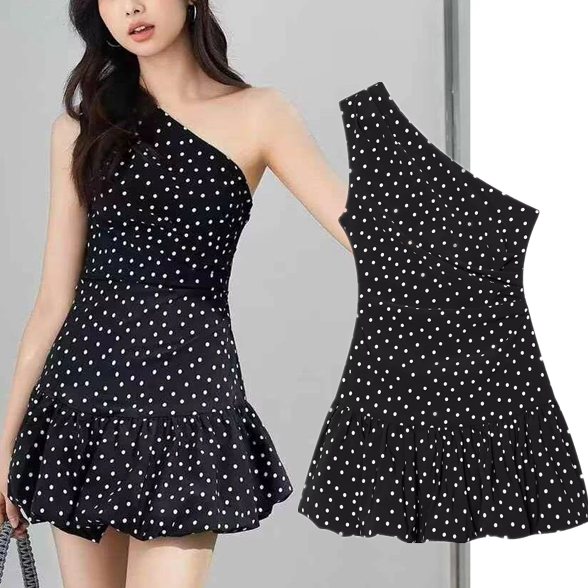 

Maxdutti2025 Summer Single Shoulder Sexy Tank Dress French Sleeveless Black Polka Dot Mini Dress Women
