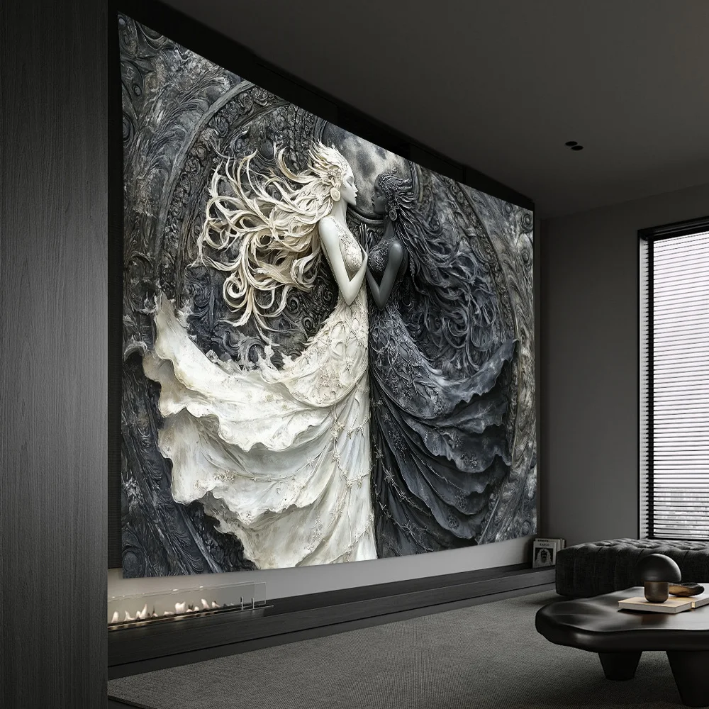 1pc Glam Style 3D Angel Wall Tapestry, Polyester Black and White Visual Effect Hanging Decor for Living Room, Bedroom, Office, P