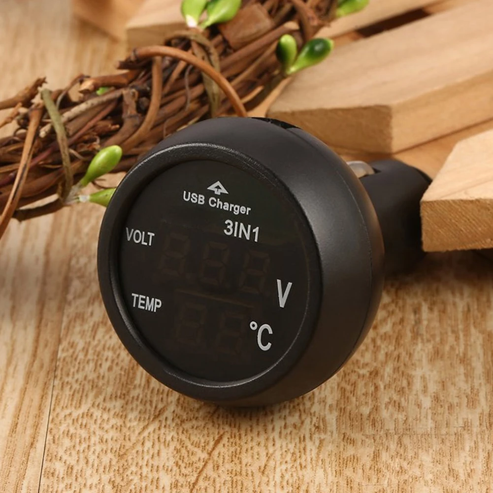 3 في 1 12/24 فولت شاشة عرض السيارات للسيارات USB شحن شاحن للهاتف اللوحي GPS LED الفولتميتر الرقمي مقياس الحرارة