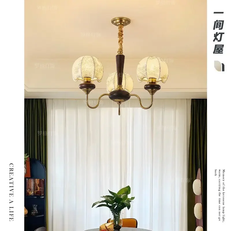 French Style Medieval Fabric Pattern Pendant Lamp Walnut Wood Nanyang Style Bedroom Lighting for Living Room