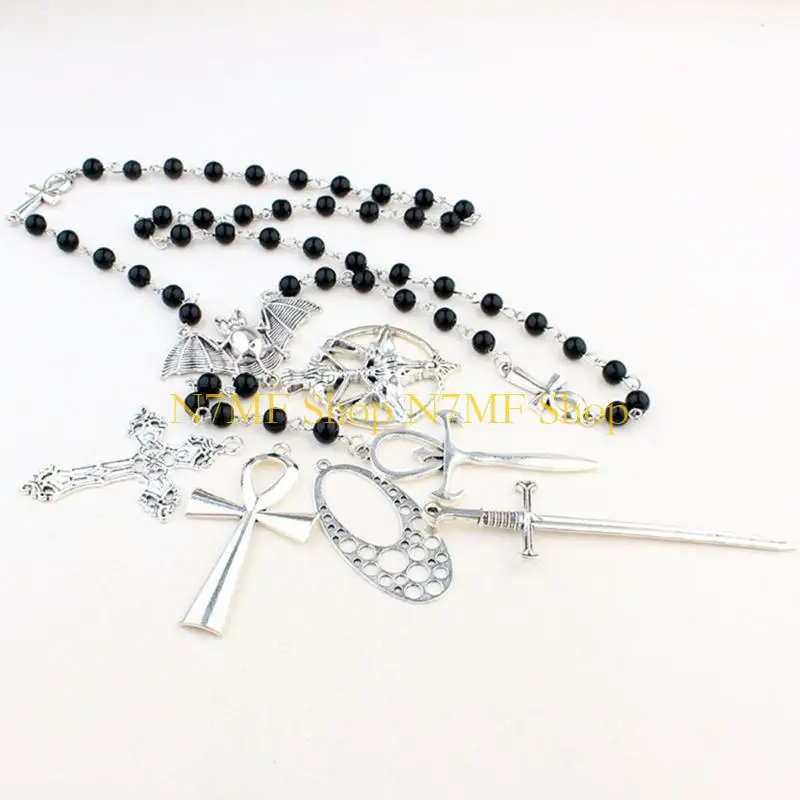 N7MF ANKH BLACK ROSARY BADS BAT NETLACE GOTHIC LONG SWEEAT JOLLEYRY #5