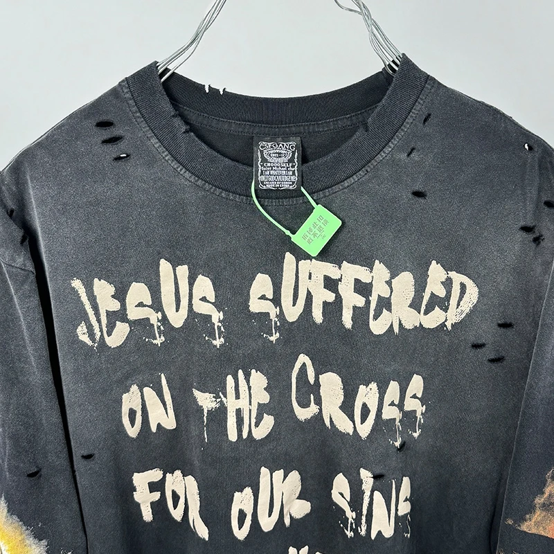 كامل رسائل الرسومات طباعة يسوع على الصليب بأكمام طويلة تي شيرت الرجال النساء المتضخم خمر غسلها الأسود التالفة حفرة سانت الأعلى