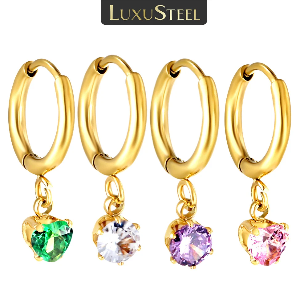 LUXUSTEEL Cubic Zirconia 1pair Drop Earring for Women Men Love Heart Golden Stainless Steel Hoop Earrings Jewelry Party Gifts