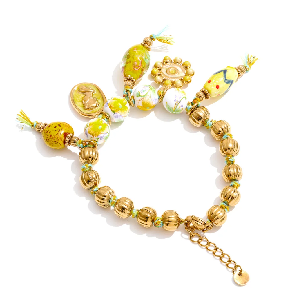 Women's Handmade Beads Chain Ceramic Heart Eye Drop Necklace Bracelet Set