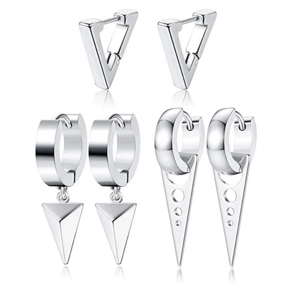 3 Pairs of Fashionable Triangle Pendants Hip-hop Stainless Steel For Daily Wear, Men\'s Hoop Earrings