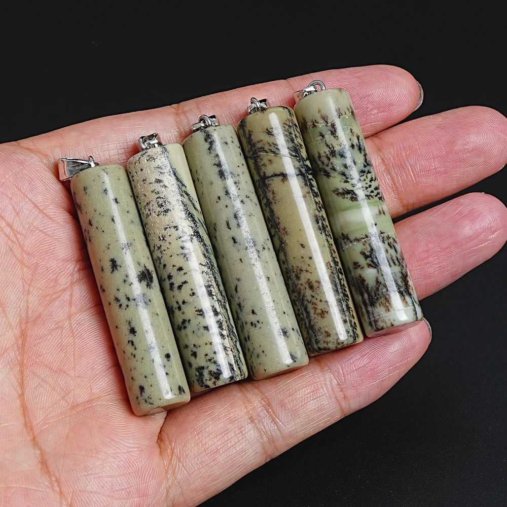 Natural Dalmatian Jasper 49x12mm Cylinder Bead Pendant Beige Black Gemstone Charms for Necklace Chain DIY Craft Supplies Gift