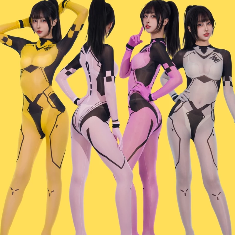 Women's Sexy Transparent Jumpsuit Long Sleeve Cosplay CatSuit Gloves Shiny Back Zipper Party Clubwear Bodysuit Playsuit