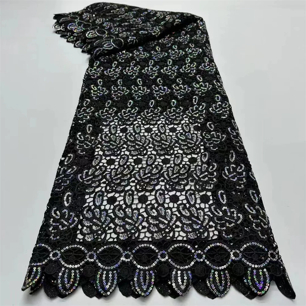 

5yards Latest African Black Cord Lace Fabric 2024 High Quality Nigerian Guipure Water Soluble Lace Fabric For Party Dress Sew