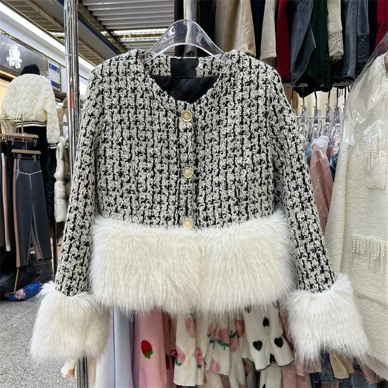 2024 New Arrival Luxury Fashion Fall Winter Womens Full Sleeve Cashmere Braid Tweed Fur Pearls Button Casual Thick Warm Jackets