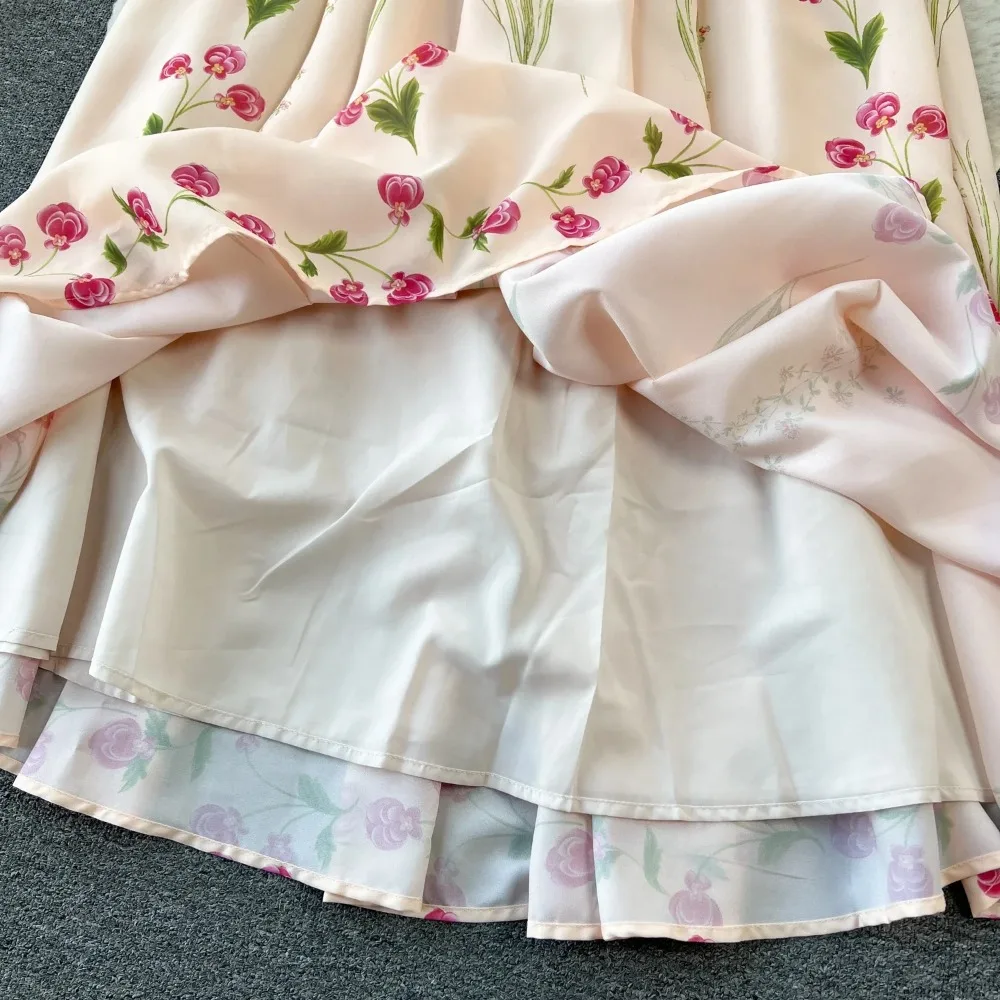 Chic Elegant Long sleeves print Flowers Puff Sleeve  Dress A-line High Waist Vacation Party Women French Autumn Spring Vestidos