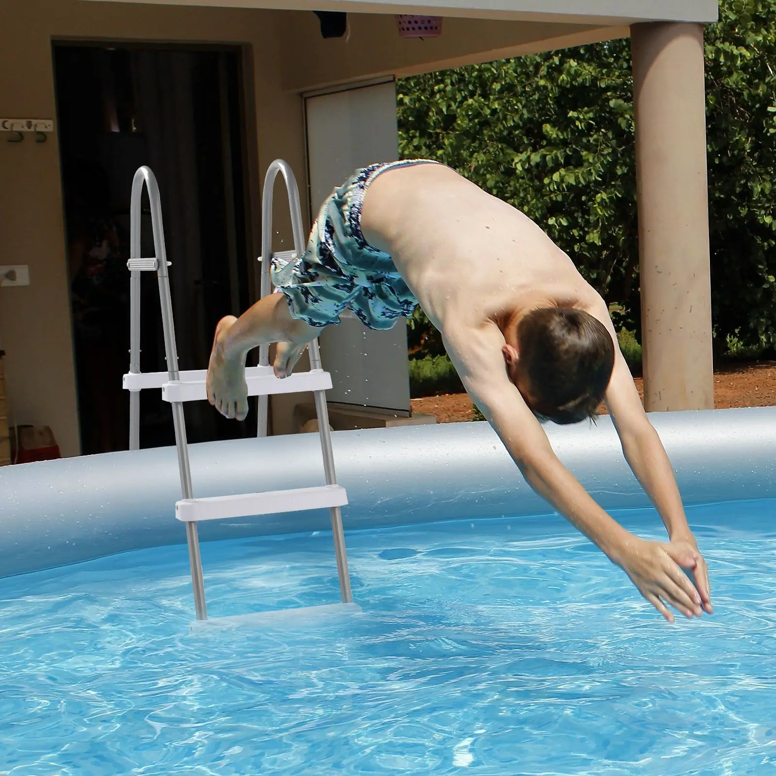 Iron gray pool ladder, white handrails, heavy duty, suitable for water sports
