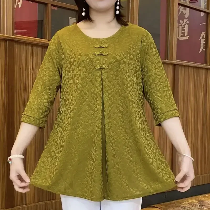 Commute Chinese Disc Buckle Blouse Vintage Women's Clothing Fashion Jacquard Weave Spring Autumn O-Neck Casual Half Z021