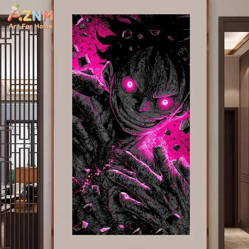 AZNM One Piece Monkey D Luffy Pink Neon Glowing Eyes Dark Manga Style Anime Canvas Wall Art Character Print Unframed Canvas Pain