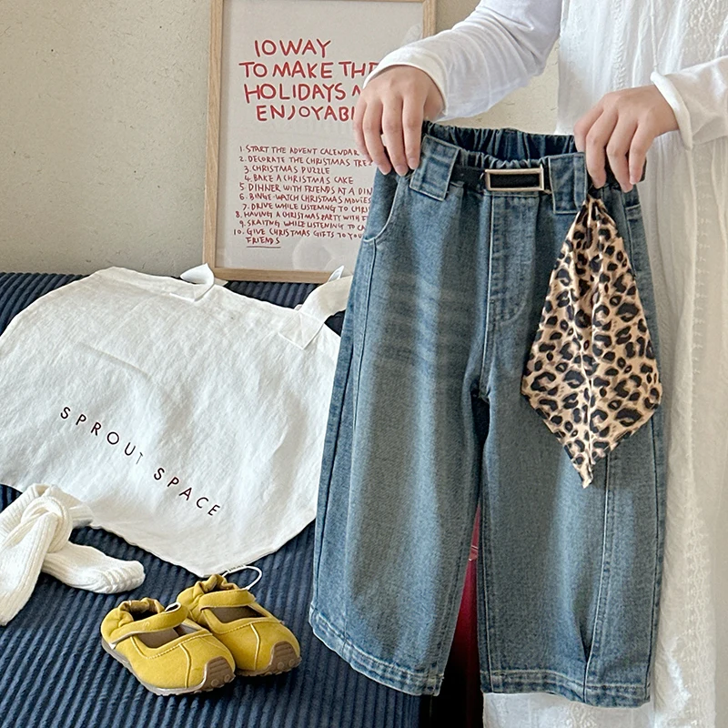 

Baby Girl Pants Kid Loose Jeans Little Child Autumn Leopard Scarf Decoration Toddler Casual Fashion Long Pants Trousers Age 2-11