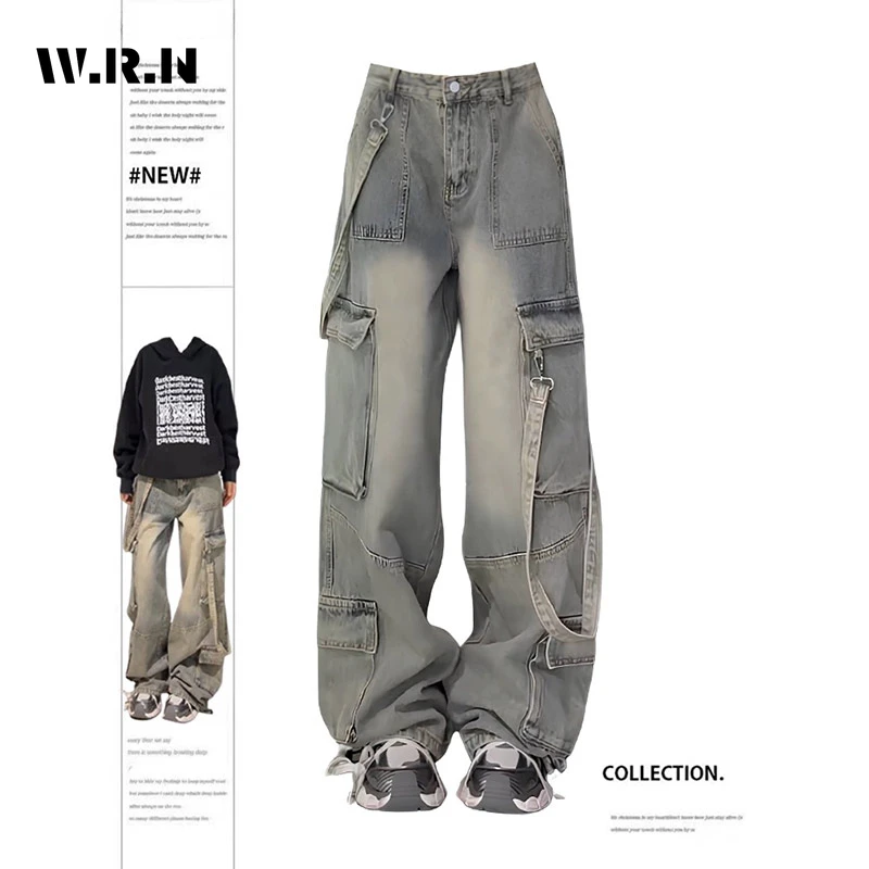 

Women Vintage Blue Gothic Cargo Jeans Y2k Wide Leg Denim Pants Oversize 2000s High Waist Jeans Korean Baggy Trousers 2000s Jeans