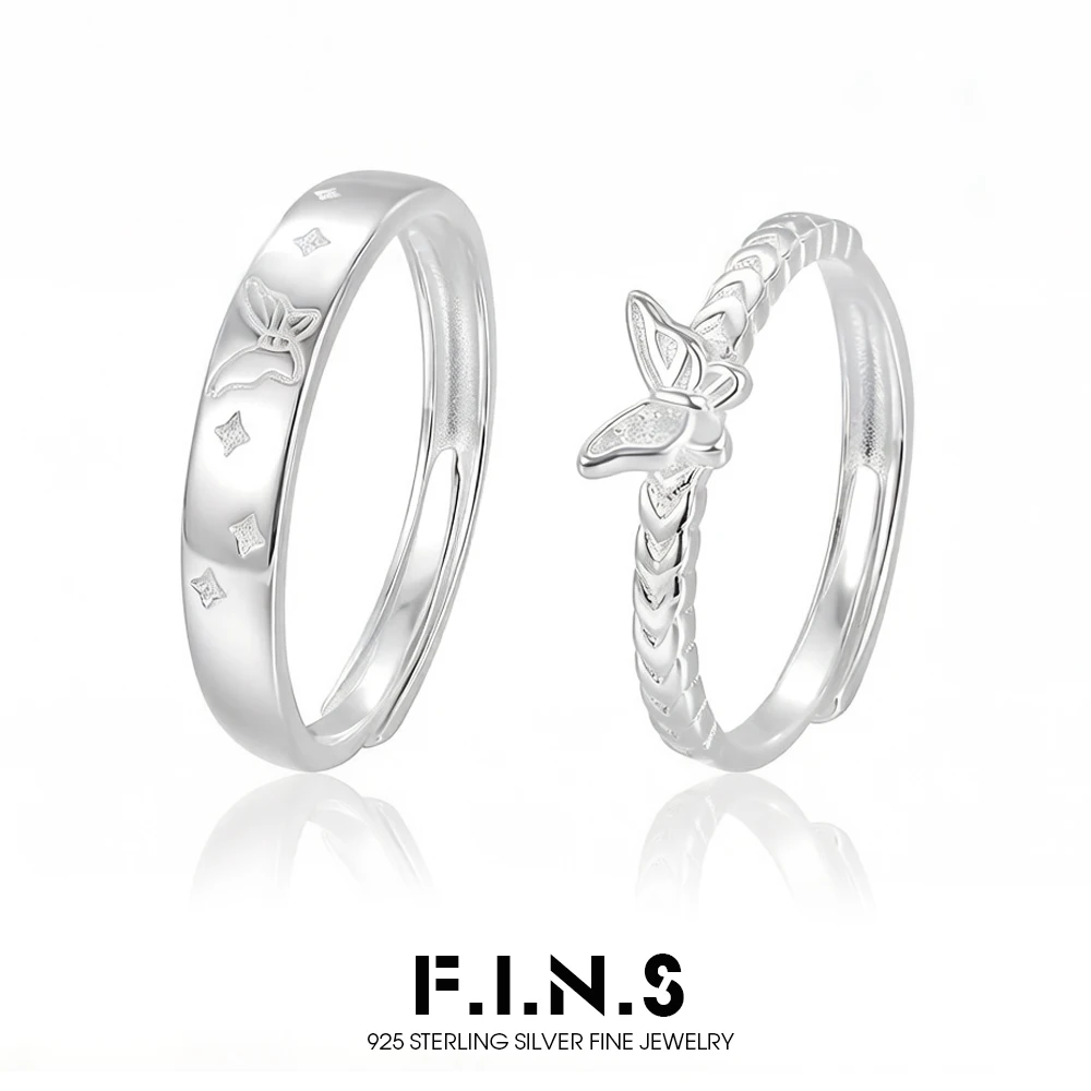 

F.I.N.S S925 Sterling Silver Butterfly Couple Rings Adjustable Open Band Unisex Fashionable Matched Ring Finger Fine Jewelry