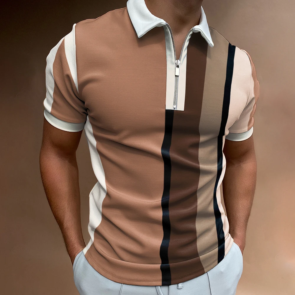 2022 Summer Chic Plaid Stripe Casual Mens Short Sleeve Polo Shirts Patchwork Turn-down Collar Zipper Design Men Street Clothes