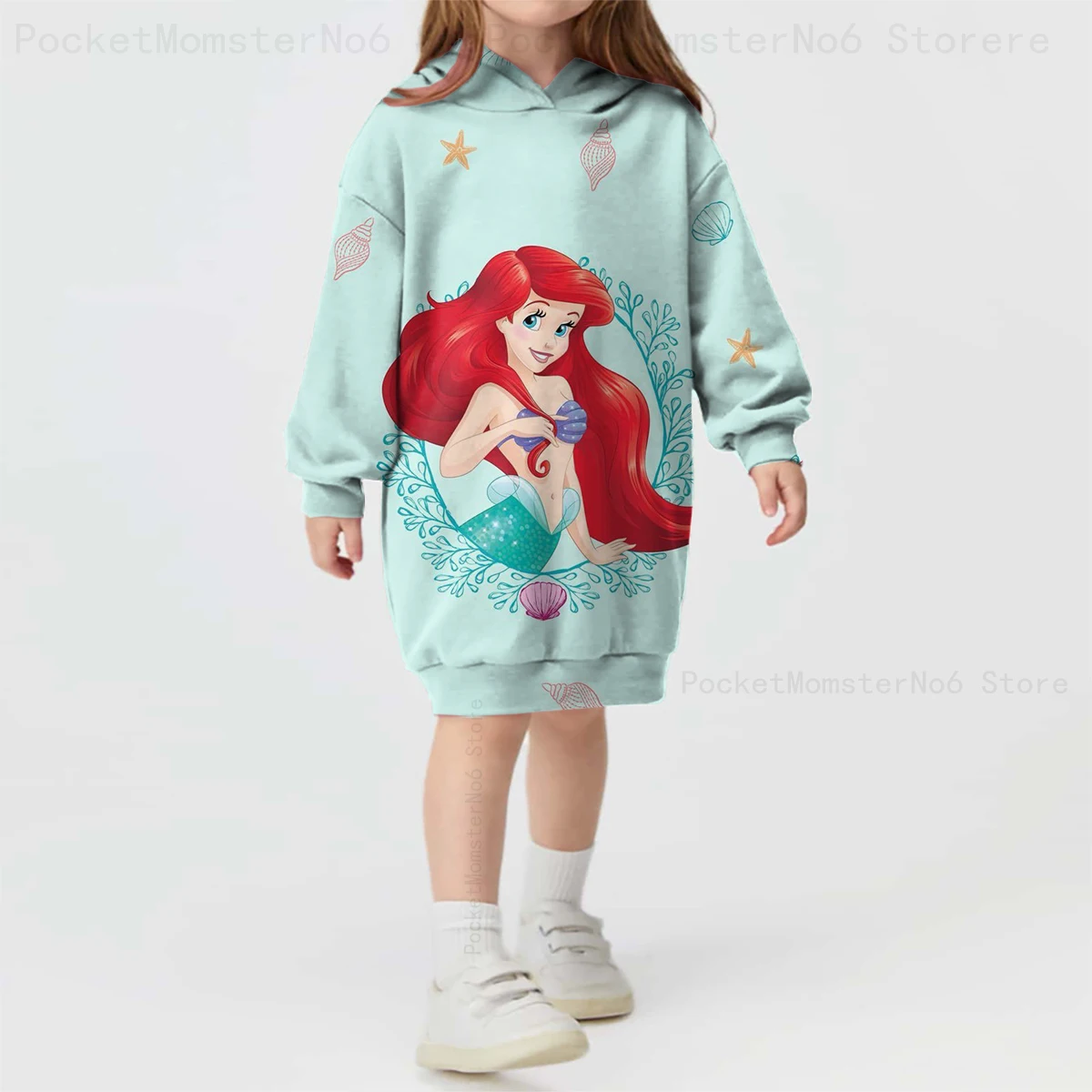 Disney Mermaid Ariel Princess Print Long Sleeve Hooded Pullover Girls Cosplay Cartoon Character Sweater