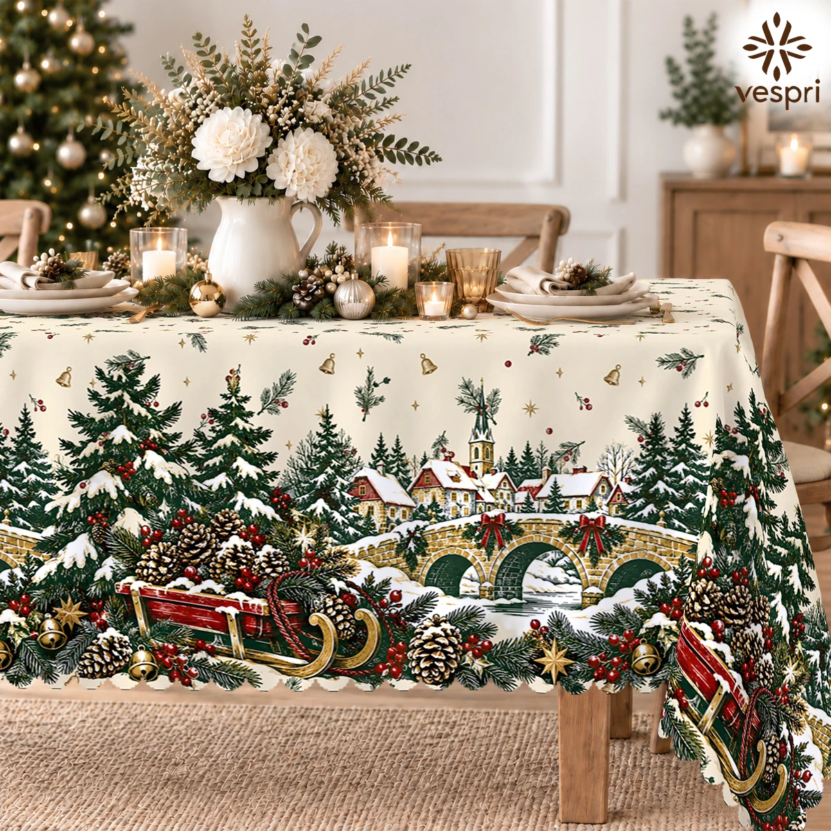 Festive Christmas Tablecloth with Santa & Holiday Trains for Indoor/Outdoor Camping decor, Rectangular/Round/Oval