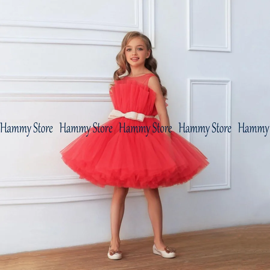 Baby Girl Tutu Dresses Sleeveless Scoop Neck Big Bow Knee Length Puff Tulle Flower  Dress Kids First Holy Communion Gown