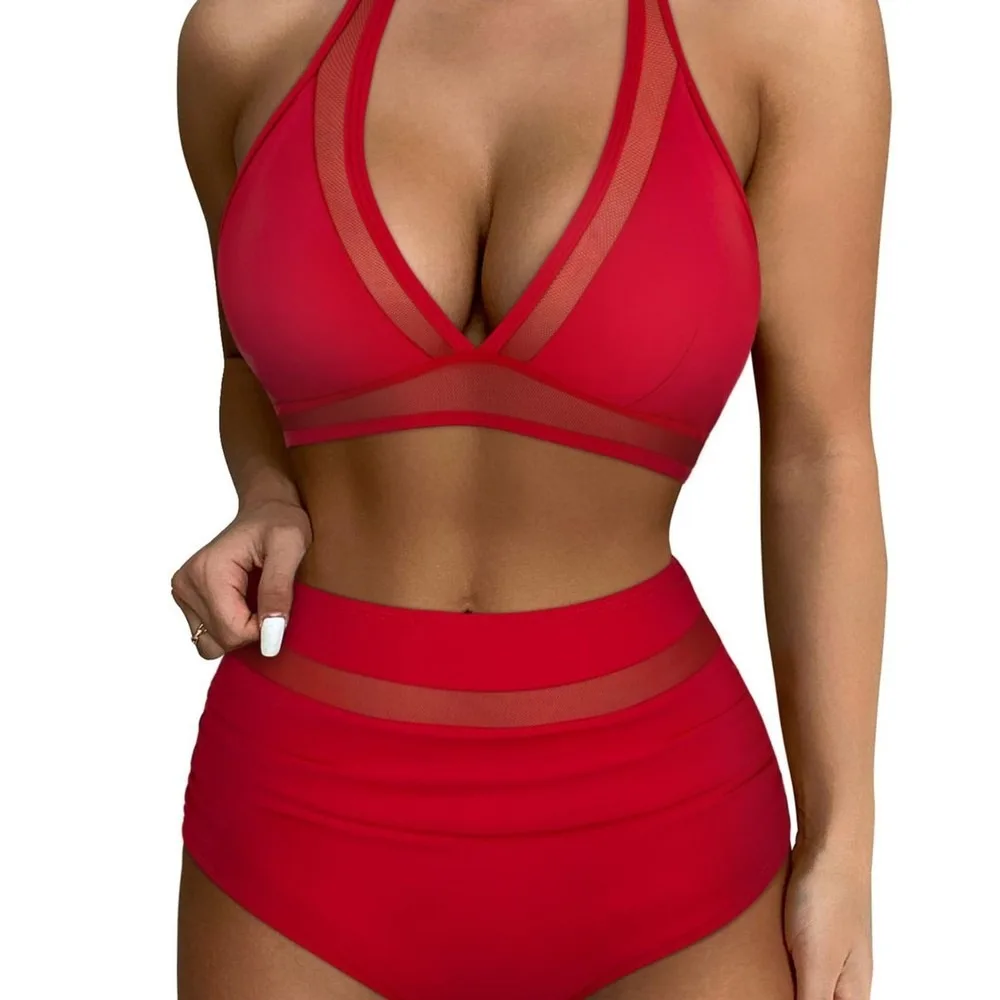 Sexy Hollow Cutout Solid Bikini Set For Women, Mesh See-Through Two-Piece Swimwear, Push-Up Halter Bathing Suit Brazilian 2 Piec