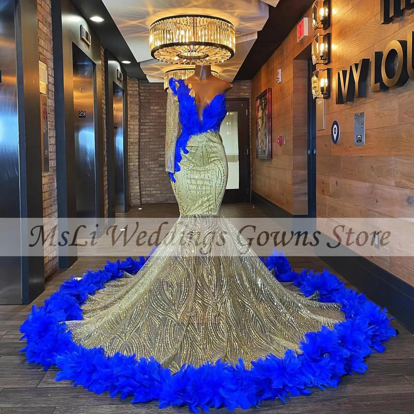 

New Blue Mermaid Prom Dresses For African Black Girl Hand-Beading Sequined One Shoulder Feathers Celebrity Party Evening Dress