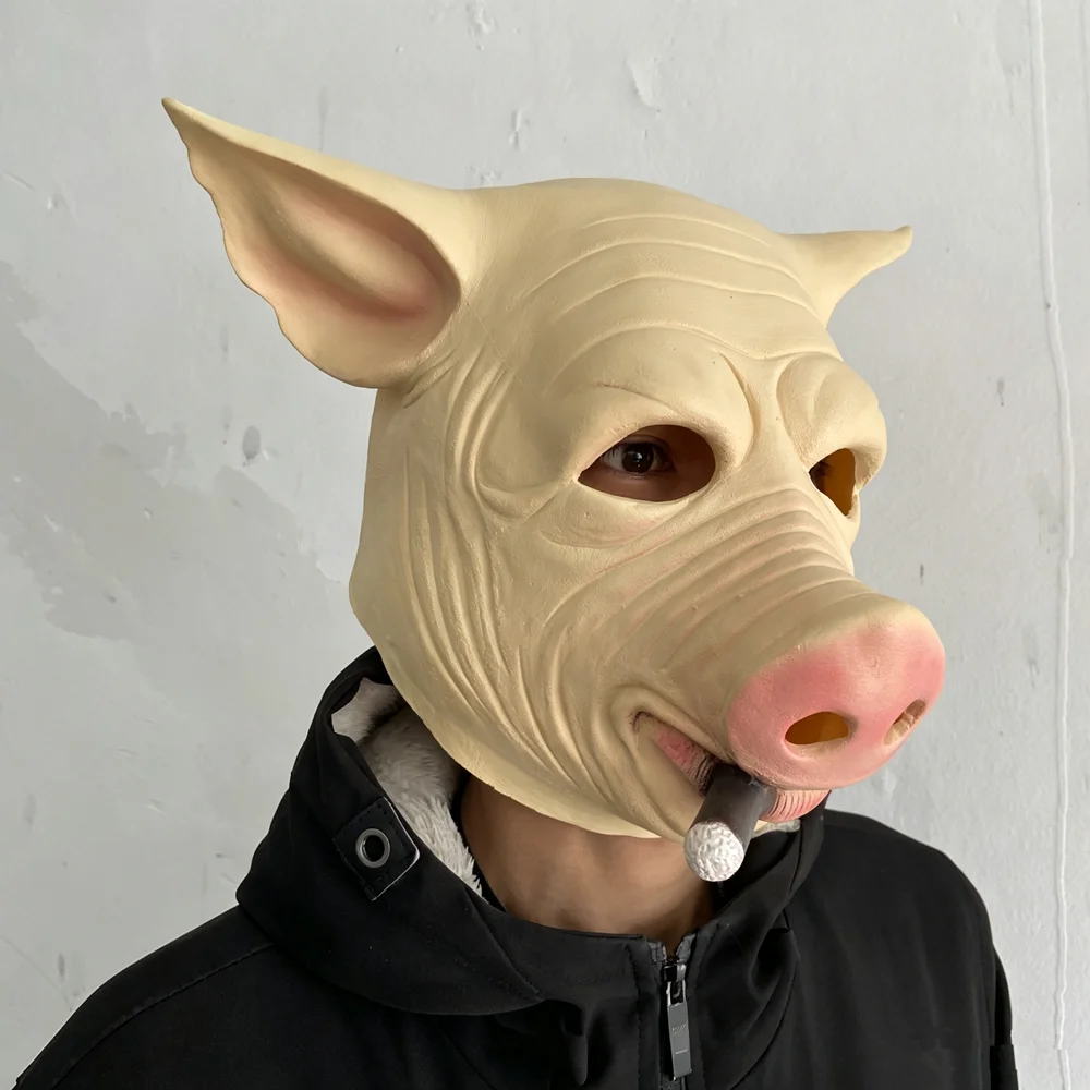 Lebensechte Schweinegesichts-Latexmaske mit dekorativer Zigarre, Tier-Vollkopfmaske, Karnevalsparty-Scherzkostüm-Accessoire für Erwachsene – Detail 1