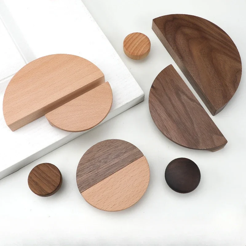 Drawer Single Hole Knob Wood Semi-circular Kitchen Cabinet Door Handle Modern Minimalist Beech Black Walnut Furniture Decoration