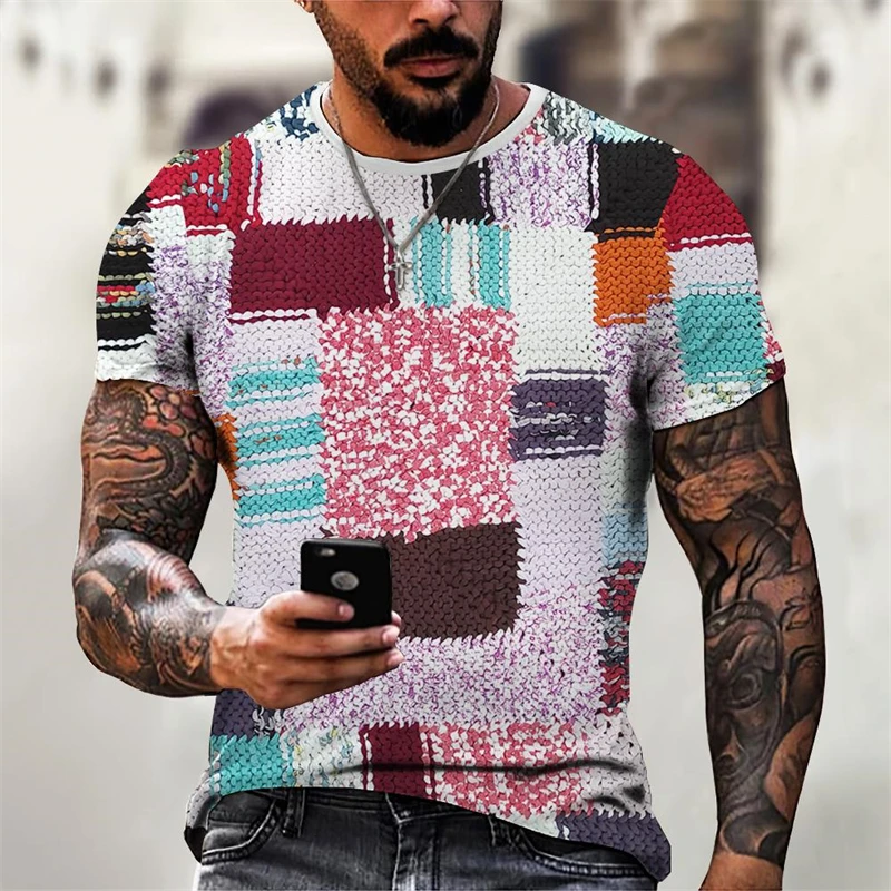 Vintage Spliced Pattern 3D Print Men's T-Shirt Summer New Funny Plaid Pattern Mens Clothing Oversized O Round Neck Tee Tops