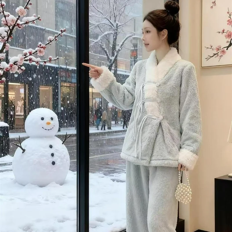 2026 خريف/شتاء جديد بيجامة من الصوف المرجاني للنساء جديد النمط الصيني الصوف وسميكة الدافئة مجموعات الحلو نمط ملابس المنزل #2