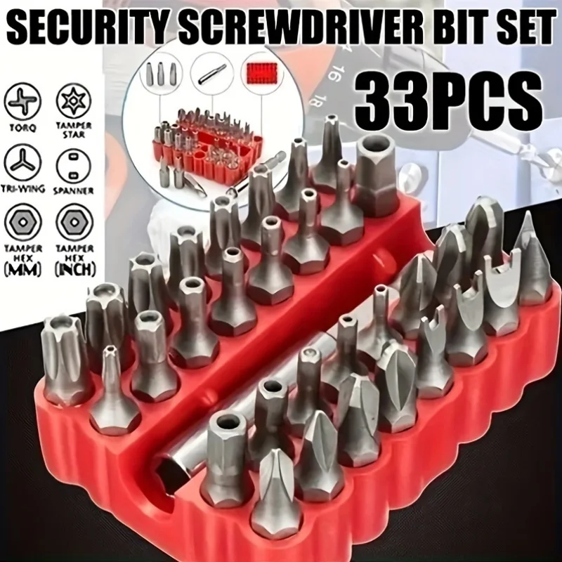 

33-Piece professional safety drill set with tamper-resistant Torx, hexagonal, star, and three-wing screwdrivers, and magnetic br