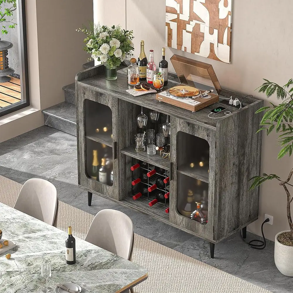 Wine Bar Cabinet with Power Outlet, Liquor Cabinet Bar with LED Light and Glass Holder, Home Coee Bar Cabinet, Buet Sideboard wi - view 5