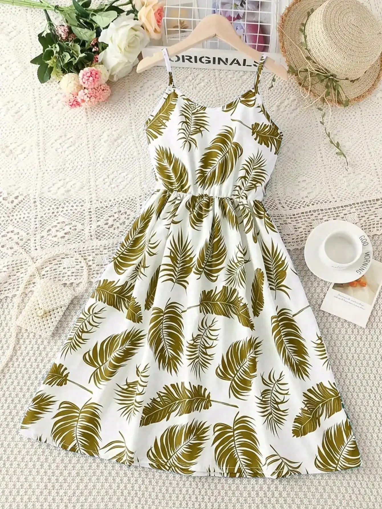 Sommer-Jumpsuit für Mädchen mit Blättermuster - Lässiger Stretch-Polyester-Mix, Schulterfreies Design, Knielang, Strandrock – Detail 7