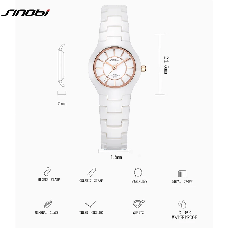 SINOBI Fashin White Ceramic Strap Woman Watches New Top Luxury Stainless S Ladies Quartz Wristwatches High Quality Women\'s Clock