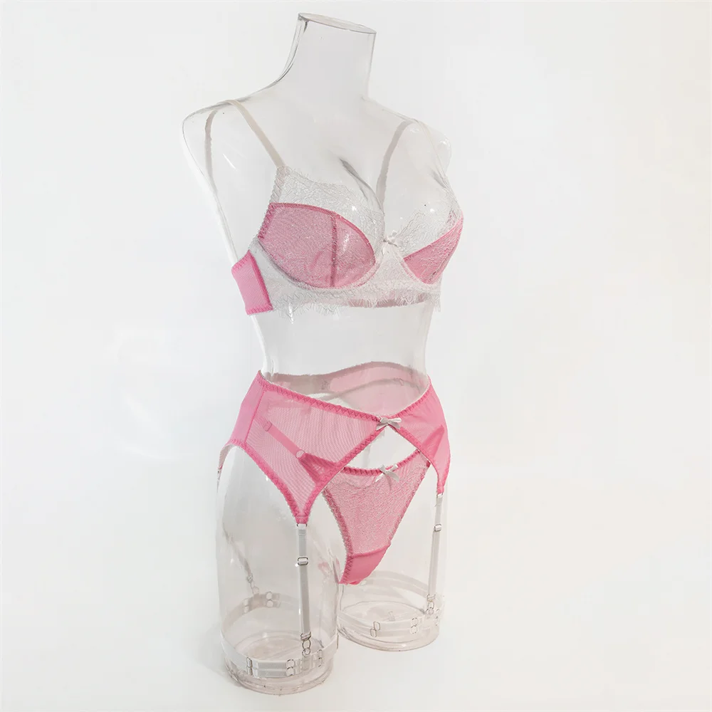 Conjunto de lencería de encaje dulce Krasapt, 4 piezas, sujetadores push-up sexys y bragas, conjuntos de liguero, conjunto delicado estilo hada