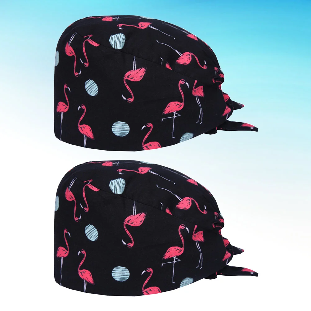 2pcs Cotton Creative Working Cotton Working Hat Flamingo Pattern Hat (Black + Red) printed cap printed cotton cap