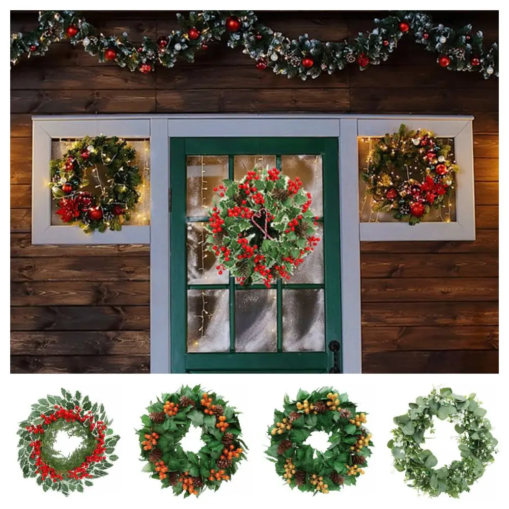 Green Holly Leaves Christmas Wreath Xmas Tree Decoration Pine Cone Christmas Hanging Garland Accessories Gift